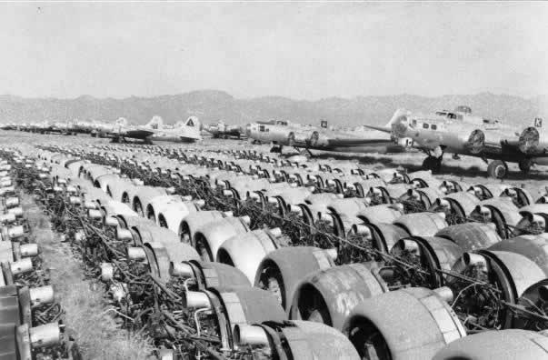 Rows of aircraft engines removed from surplus bombers at the Kingman boneyard